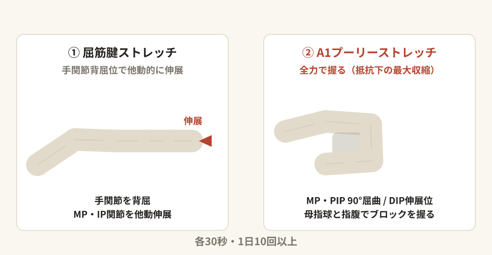 とくなが法の2つの肢位。屈筋腱ストレッチは手関節背屈位でMP・IP関節を他動伸展する。A1プーリーストレッチはMP・PIP関節90度屈曲、DIP伸展位でブロックを全力で握る
